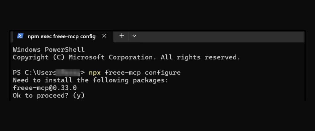 npx freee-mcp configure を実行しているWindows PowerShellのターミナル画面