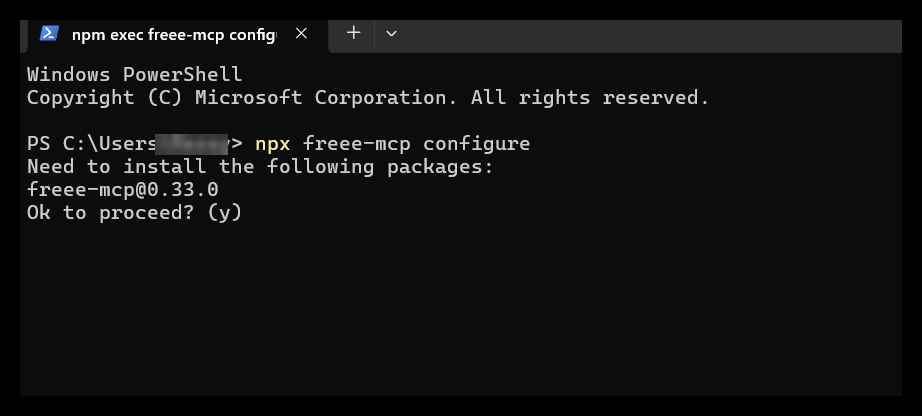 PowerShellでnpx freee-mcp configureを実行し、パッケージのインストール確認(y)を待っている画面(ユーザー名はモザイク処理済み)