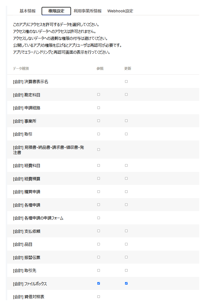 権限設定タブの画面。データ種別ごとの参照・更新チェックボックス一覧。「ファイルボックス」の行のみ両方チェック済み