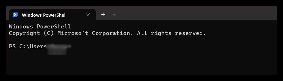 Windows PowerShellを開いたばかりの状態。まだ何も入力していない(ユーザー名はモザイク処理済み)